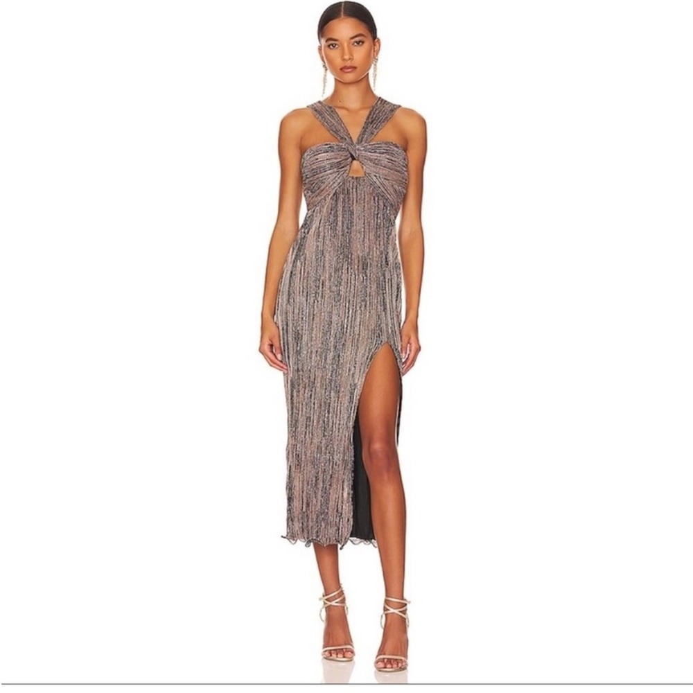 Saylor Halter Sleeveless Midi Dress with Leg Slit Brown Metallic Size Large - Picture 1 of 10
